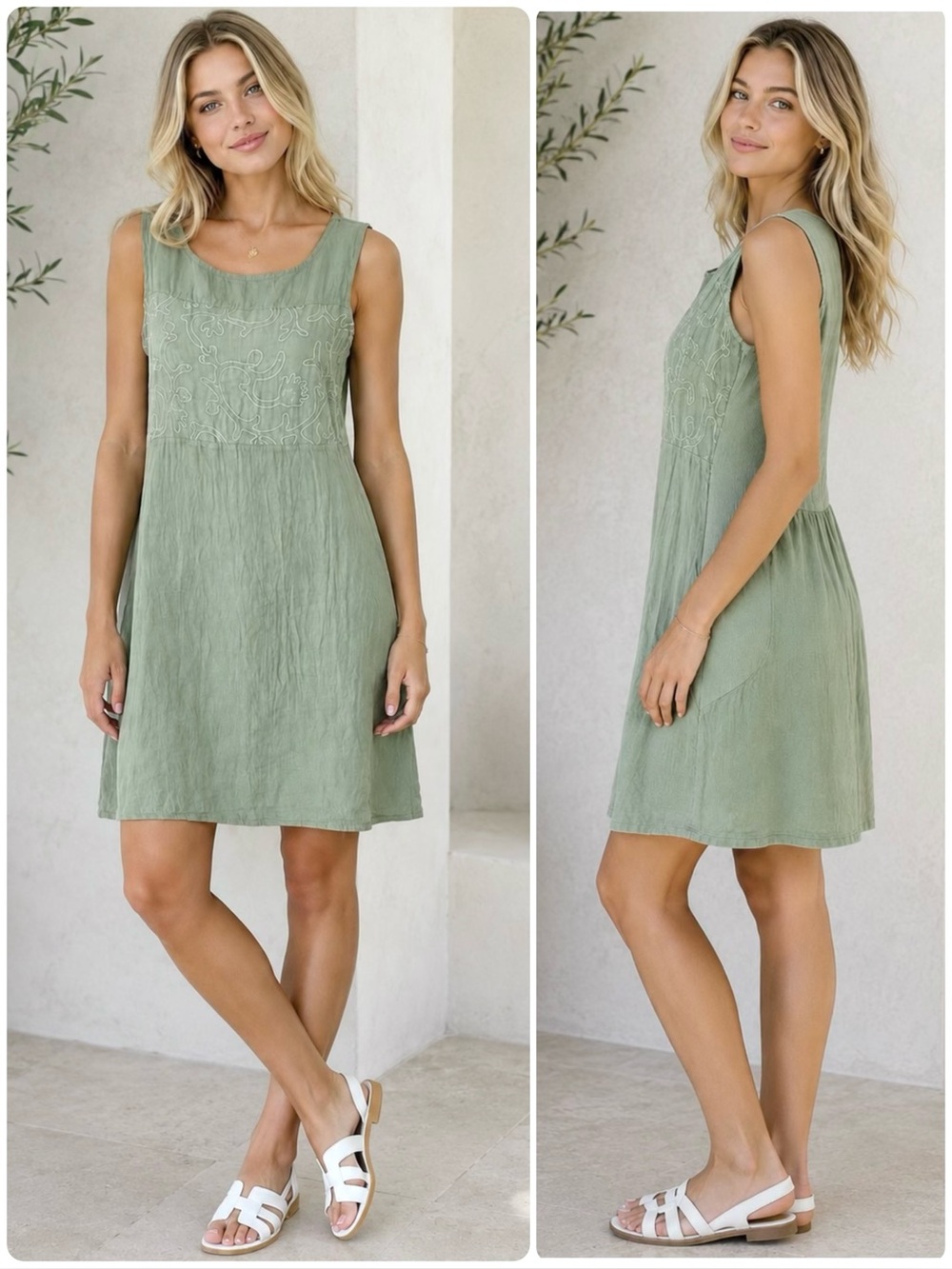 Lina Tomei 100% Linen Shift Dress Sequin Embroidered Stretch Side Panels Green
